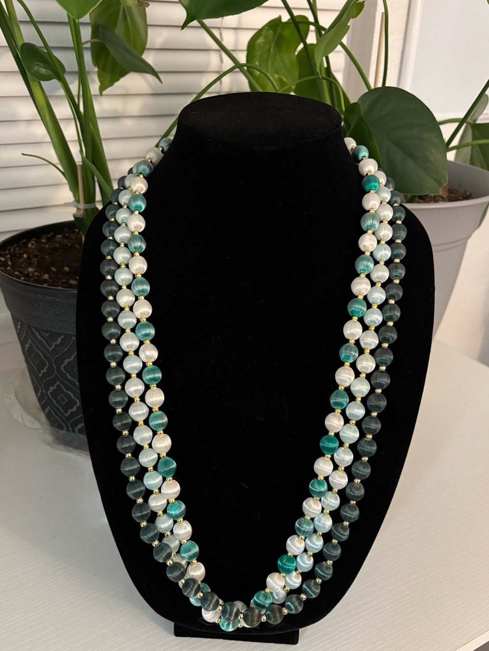 Set of 3 Single Strand Vintage Silk Bead Necklaces in Green and Pale Blue Combos